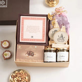 Wishing Wonder Gift Hamper - Perfect Gift | Curated Items with almonds, cashews, sweets, candles, and personalized thank-you note in elegant packaging.
